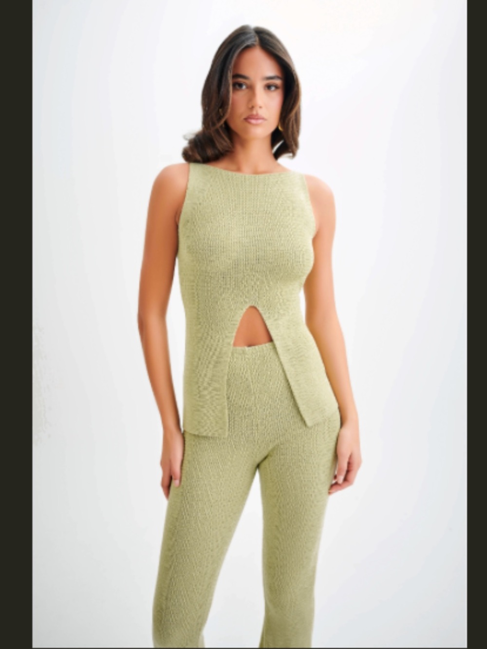 Meshki Sage Green Knit Cutout Top & Wide Leg Pants Set